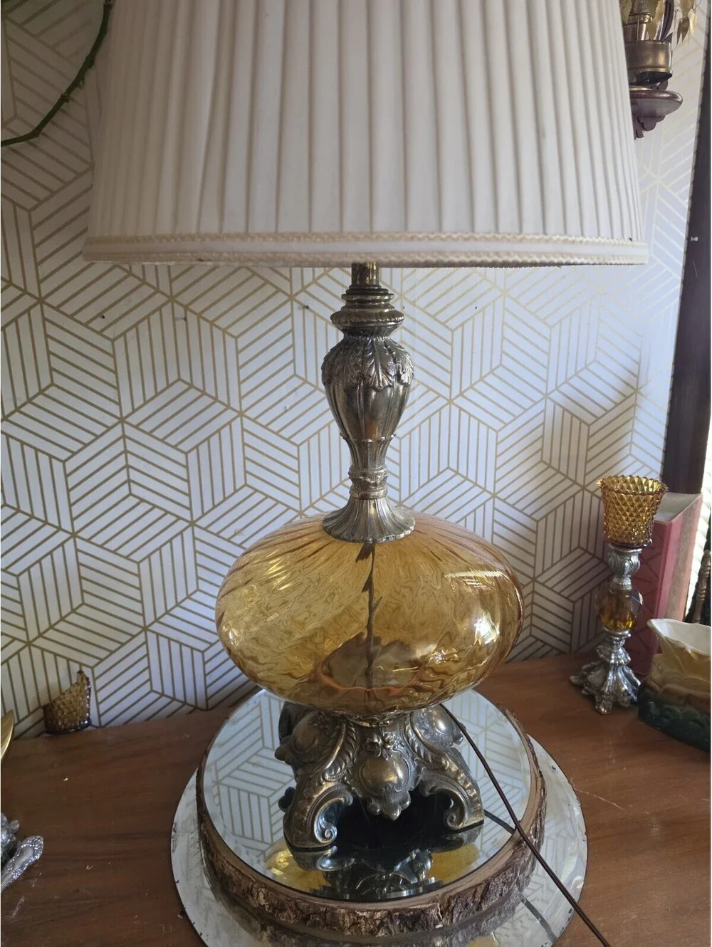 Vintage Midcentury Hollywood Regency Amber Glass Optic Swirl Globe Table Lamp